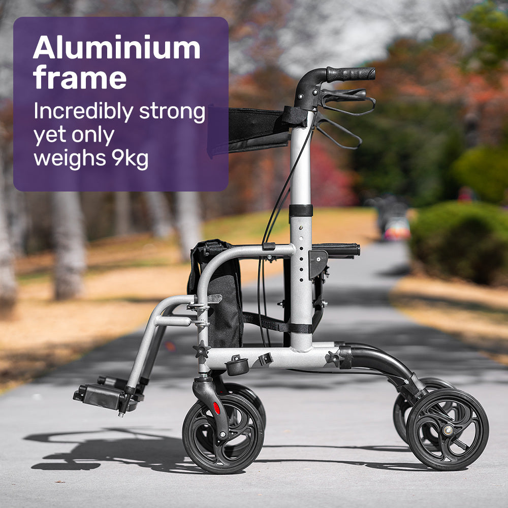 NNEMB 2-in-1 Foldable Aluminium Walking Frame Rollator and Transit Wheelchair with Bag-Silver