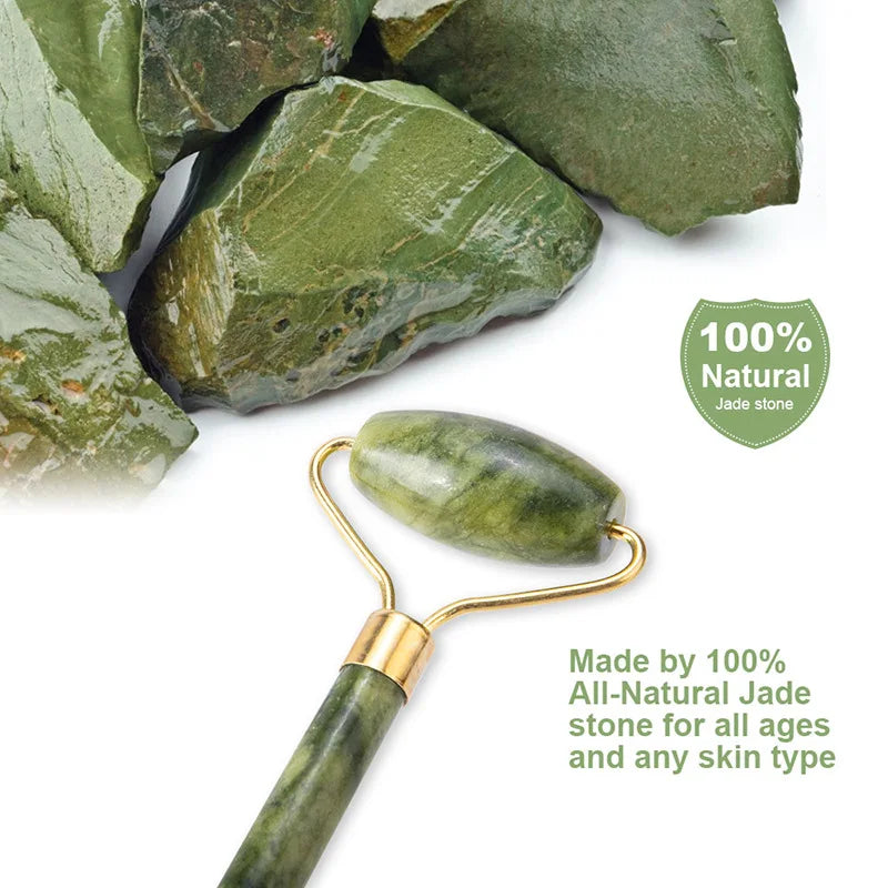 Jade Facial Roller & Gua Sha Scraping Too; Beauty Massager Green