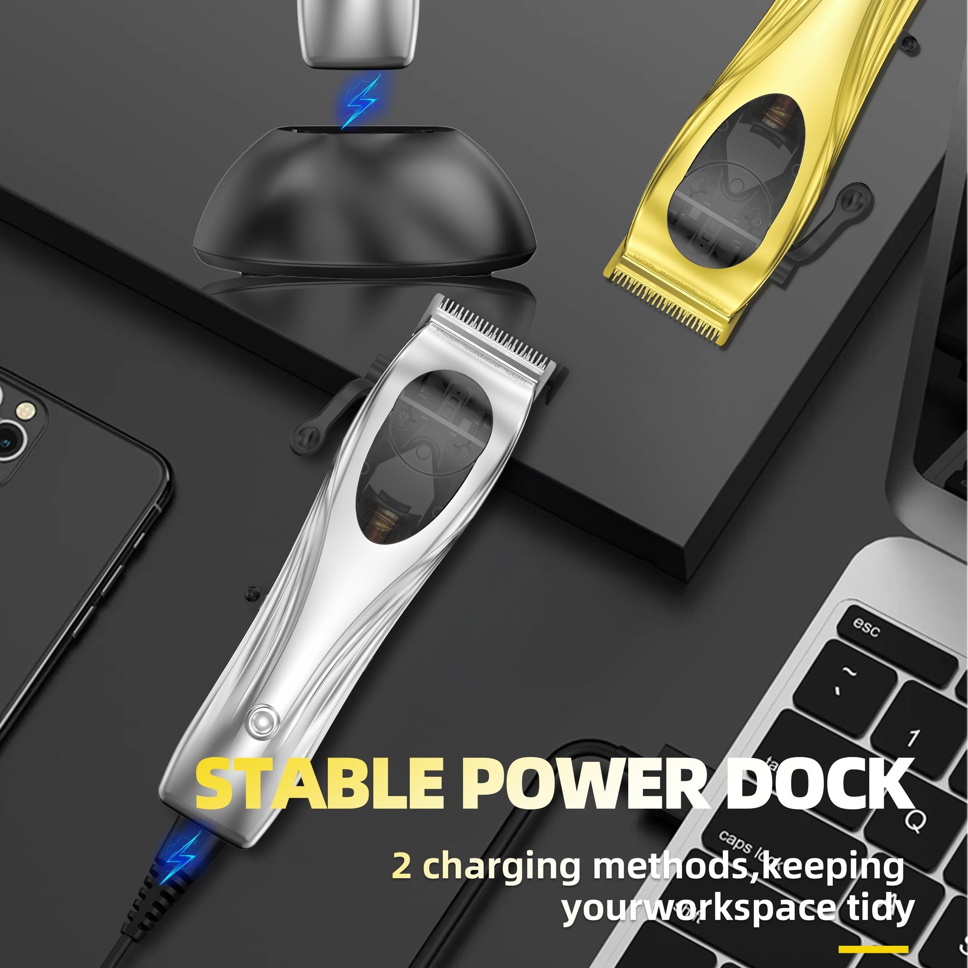 NNEDSZ WL-1670 Black Professional Hair Clipper Set with Adjustable Guards - USB Rechargeable Trimmer with Charging Dock